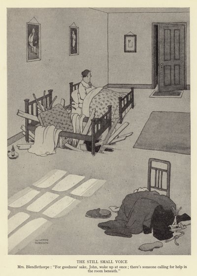 La voz suave y apacible, Sra. Blendlethorpe, Por el amor de Dios, John, despierta de inmediato; hay alguien pidiendo ayuda en la habitación de abajo de William Heath Robinson