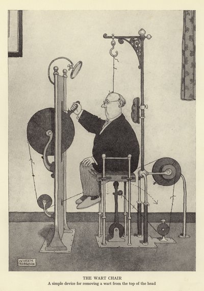 La silla de verrugas, un dispositivo simple para eliminar una verruga de la parte superior de la cabeza de William Heath Robinson