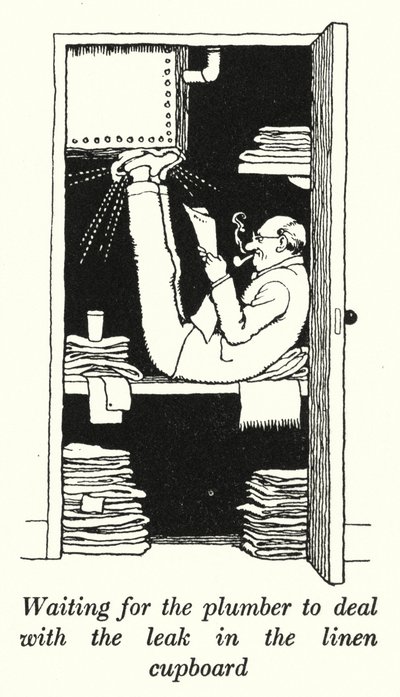 Esperando al plomero para arreglar la fuga en el armario de ropa blanca de William Heath Robinson