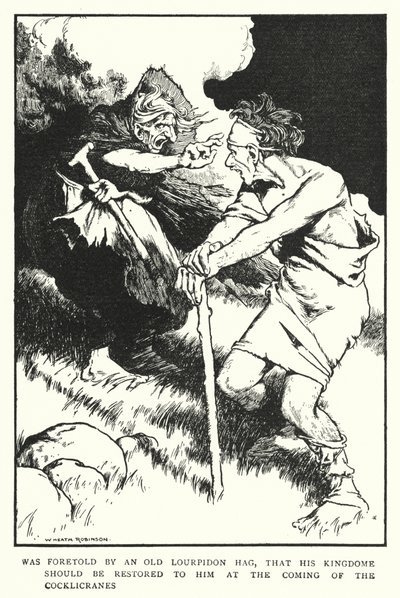 Fue predicho por una vieja bruja de Lourpidon, que su reino le sería restaurado a la llegada de los Cocklicranes de William Heath Robinson