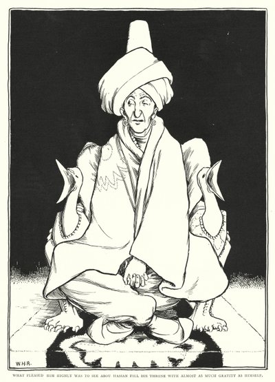 Lo que le agradaba mucho era ver a Abou Hassan ocupar su trono con casi tanta gravedad como él mismo de William Heath Robinson