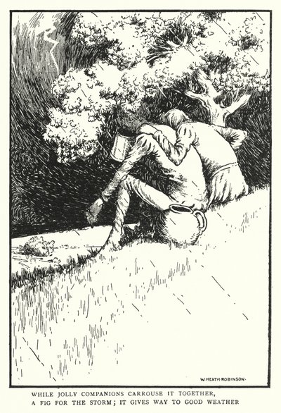 Mientras los alegres compañeros brindan juntos, un higo para la tormenta, da paso al buen tiempo de William Heath Robinson