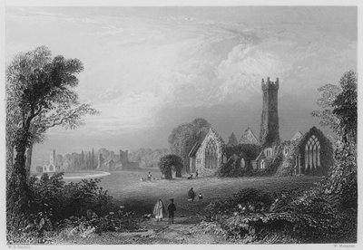 Abadía Agustiniana, Adare, con el Castillo de los Fitzgerald y la Abadía Franciscana (grabado) de William Henry (after) Bartlett