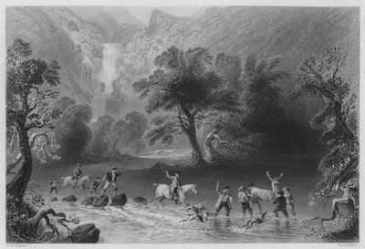 Cazando un ciervo, cerca de la cascada Derrycunnihy, Killarney (grabado) de William Henry (after) Bartlett