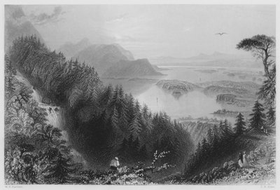 Los Lagos Inferior y Torc, Killarney, desde la Cascada de Torc (grabado) de William Henry (after) Bartlett