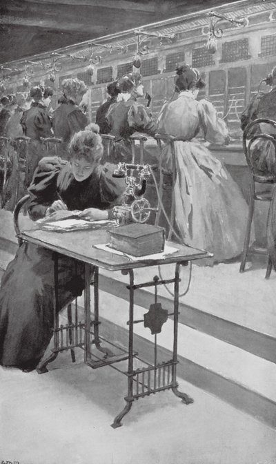 Trabajando en un locutorio (litografía) de William Henry (after) Margetson