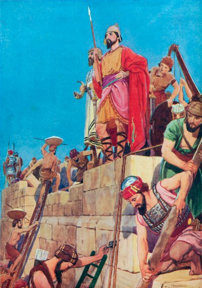 Reconstrucción de las murallas de Jerusalén (litografía en color) de William Henry (after) Margetson