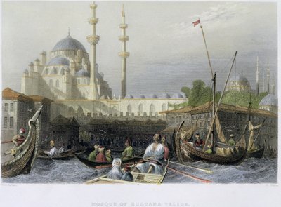 Mezquita de Sultana Valide desde el Puerto, grabado por William Wallis, c.1850 de William Henry Bartlett