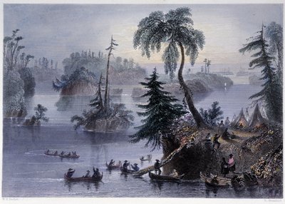 Escena entre las Mil Islas: Campamento y Barcos, Mille Îles - en "Paisaje canadiense ilustrado" por Bartlett W. H. de William Henry Bartlett