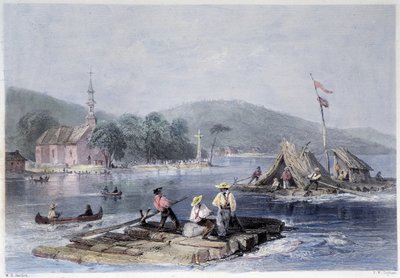 Balsas de colonos y transporte de madera en el Lago de las dos montañas - en “Canadian scenery illustrated” de Bartlett W. H. de William Henry Bartlett