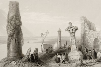 La Antigua Cruz y la Torre Redonda en Clonmacnois, Condado de Offaly, Irlanda, de 