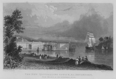 La Nueva Oficina de Víveres, etc., Devonport, desde la parte trasera de la Casa del Gobierno de William Henry Bartlett