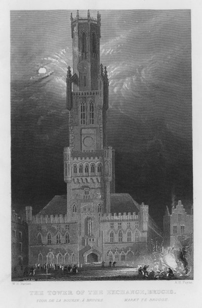 La Torre del Intercambio, Brujas (grabado) de William Henry Bartlett