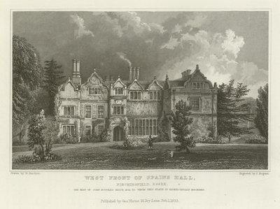 Fachada oeste de Spains Hall, Finchingfield, Essex, la residencia de John Ruggles Brice, Esquire de William Henry Bartlett