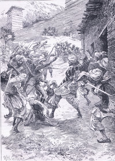 El teniente Harley liderando la salida de Fort Chitral, ilustración de la Historia de Inglaterra de Cassell, 1900s de William Henry Charles Groome