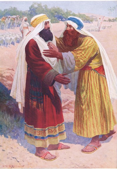 El encuentro de Jacob y Esaú, de El Libro de Imágenes de la Biblia publicado por Thomas Nelson, c.1950 de William Henry Charles Groome