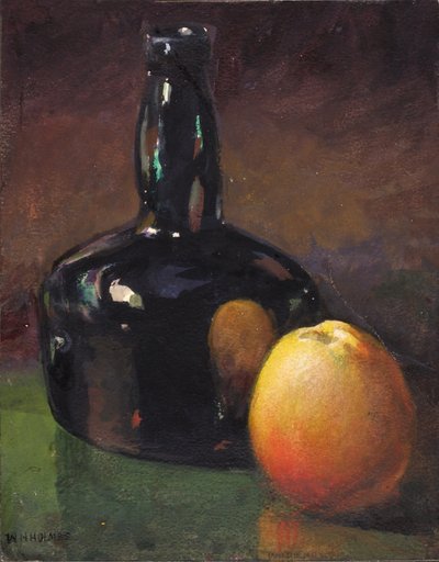 Naturaleza muerta--Manzanas y botella de William Henry Holmes