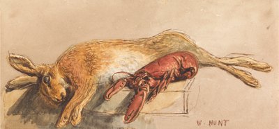 Una liebre muerta y una langosta cocida en un banco de William Henry Hunt