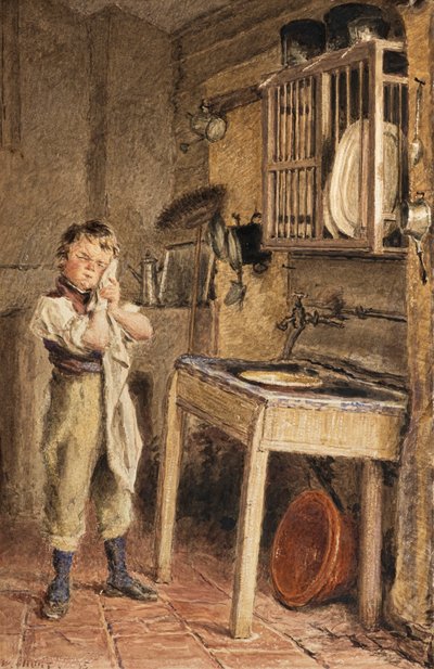 Un joven se lava en el fregadero de la cocina (acuarela) de William Henry Hunt
