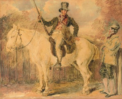 Un guardabosques a caballo y otro hombre conversando de William Henry Hunt