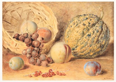 Cesta con melones, melocotones, uvas y ciruelas, c.1804 (grafito, acuarela con goma arábiga añadida, tinta corporal y raspado sobre papel de estraza). de William Henry Hunt