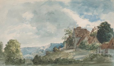 Cabañas en un paisaje extenso, finales de 1820 de William Henry Hunt