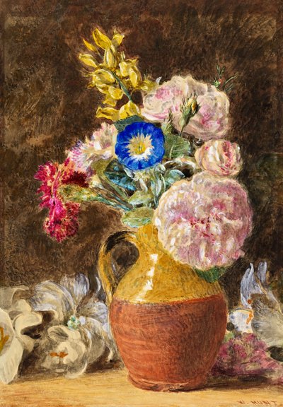 Flores mixtas en una jarra marrón y beige de William Henry Hunt