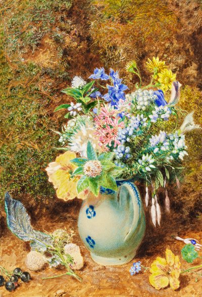 Jarra de porcelana azul pálido con brezos y flores pequeñas, c.1860 de William Henry Hunt