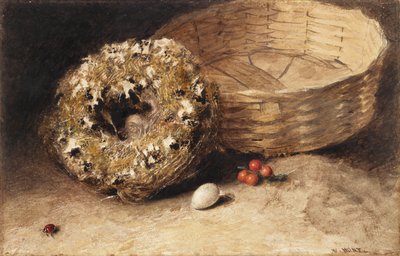 Naturaleza muerta con cesta, nido, huevo, grosellas rojas y mariquita de William Henry Hunt