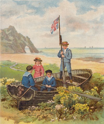Niños jugando en una barca en la playa (cromolito) de William Henry James (after) Boot