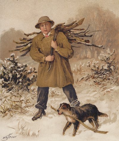 Hombre y perro recogiendo leña (cromolito) de William Henry James (after) Boot
