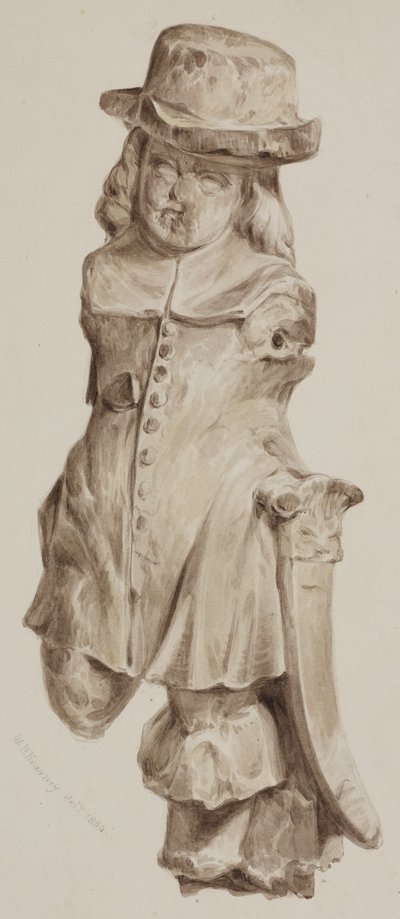 Figura tallada en roble, en un momento en la entrada de la casa construida en el sitio de la Taberna Boars Head, Eastcheap, 1834 (lavado en papel) de William Henry Kearney