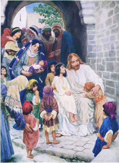 Jesús y los niños, de El Libro de Imágenes de la Biblia publicado por Thomas Nelson, c.1950 de William Henry Margetson