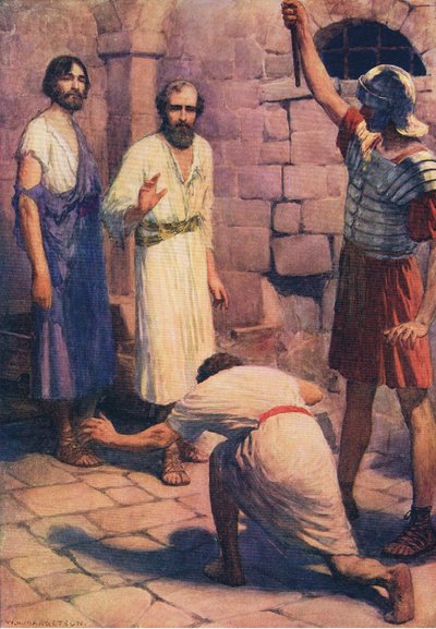 Pablo y Silas en prisión, de El Libro de Imágenes de la Biblia publicado por Thomas Nelson, c.1950 de William Henry Margetson