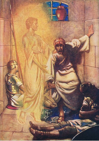 Pedro liberado de la prisión, de El Libro de Imágenes de la Biblia publicado por Thomas Nelson, c.1950 de William Henry Margetson