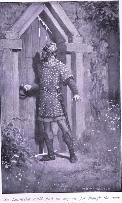 Sir Launcelot no pudo encontrar una entrada, aunque la puerta era vieja y desgastada, se mantenía firme de William Henry Margetson