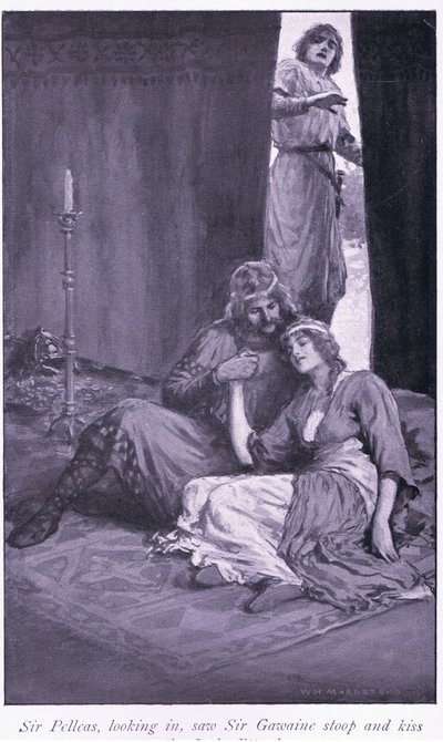 Sir Pelleas, mirando, vio a Sir Gawaine inclinarse y besar a la dama Ettard de William Henry Margetson