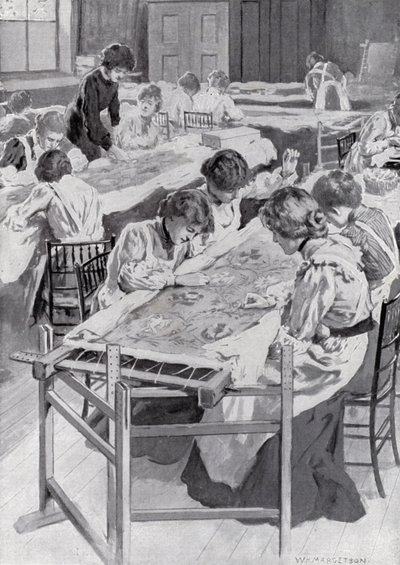 Estudiantes de la Real Escuela de Arte de Bordado bordando la túnica de coronación del Rey de William Henry Margetson
