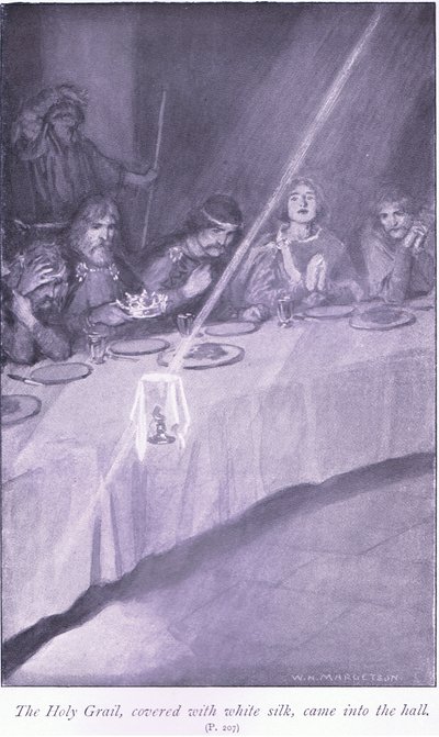 El Santo Grial, cubierto con seda blanca, entró en el salón de William Henry Margetson