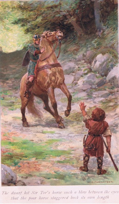 El enano golpeó al caballo de Sir Tor con tal fuerza entre los ojos que el pobre caballo retrocedió su propia longitud de William Henry Margetson