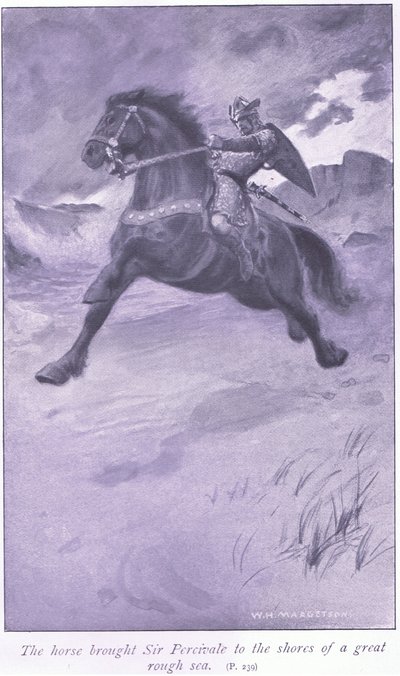 El caballo llevó a Sir Percivale a las orillas de un gran mar agitado de William Henry Margetson