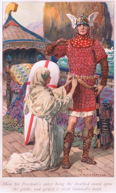 Entonces la hermana de Sir Percivale colgó la espada envainada en el cinturón y la ciñó a la cintura de Galahad de William Henry Margetson