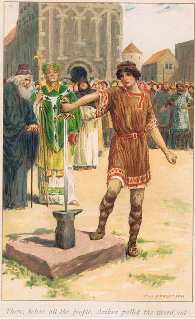 Allí ante todo el pueblo, Arturo sacó la espada de la piedra de William Henry Margetson