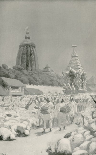 Adoradores postrándose ante el famoso carro en el festival de Jagannath de William Henry Margetson