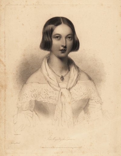 La joven reina Victoria, a principios de los años 20. Grabado en acero de William Henry Mote según una ilustración de William Drummond de English Pearls, or Portraits for the Boudoir de Charles Heath, Tilt and Bogue, Londres. de William Henry Mote