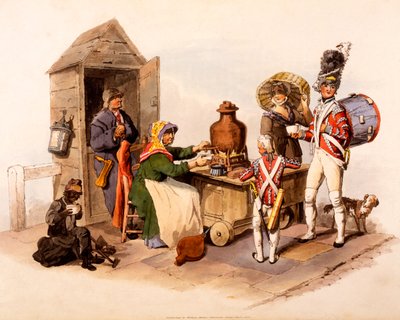 Un vendedor de Sallop sirviendo bebidas calientes, de 