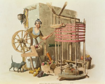 Una mujer hilando lana, grabado por el artista, 1808 de William Henry Pyne