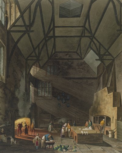 Interior de la cocina, Trinity College, Cambridge, de La Historia de Cambridge, grabado por Joseph Constantine Stadler (fl.1780-1812), pub. por R. Ackermann, 1815 de William Henry Pyne
