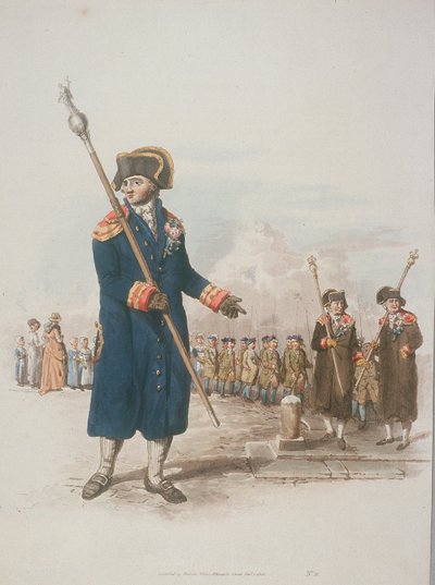 Bedel parroquial en traje cívico sosteniendo un bastón, 1805 de William Henry Pyne