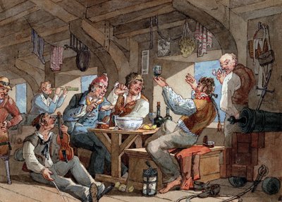Marineros bebiendo a bordo de la cubierta inferior de su barco, escena con violinista y fumador de pipa, lino tendido en una cuerda y equipo de a bordo (espada, pistola, cañón, lámpara). de William Henry Pyne